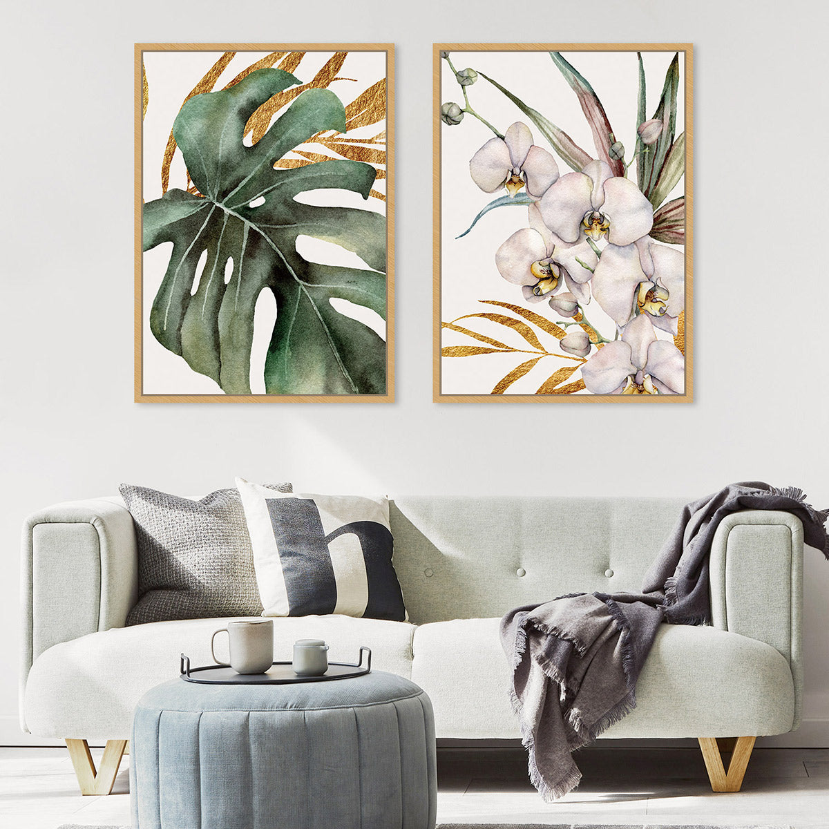 Orchids, Monstera And Golden Palm Leaves Duo – Zokis Canvas Art